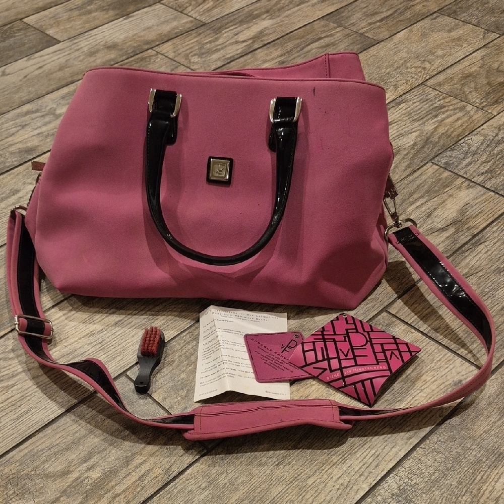Diane Von Furstenberg Pink Canvas Suede Large Purse Travel Bag Crossbody